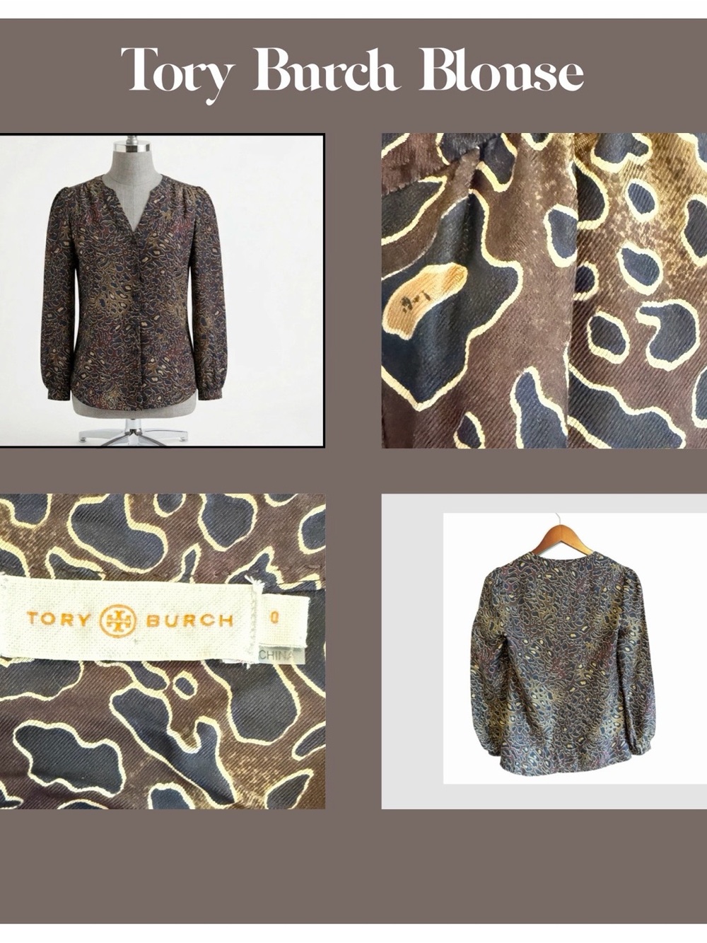 Tory Burch Size 0 Jayden Black and Brown Animal Print Button-Front Blouse 100% S